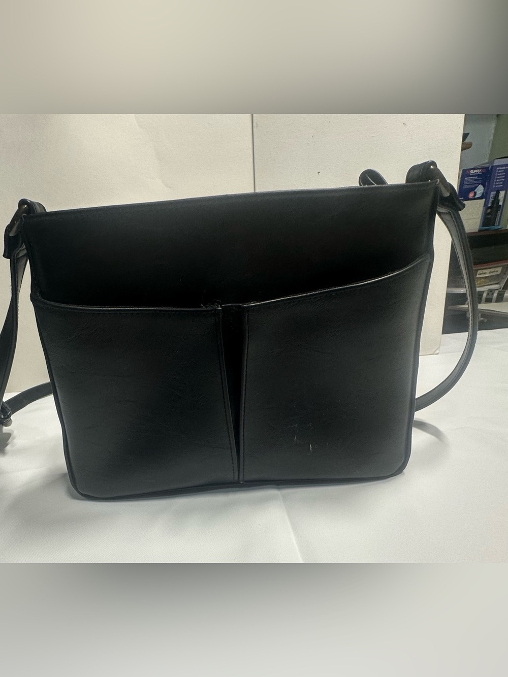Liz Claiborne Black Leather Crossbody Shoulder Bag with Front Pockets